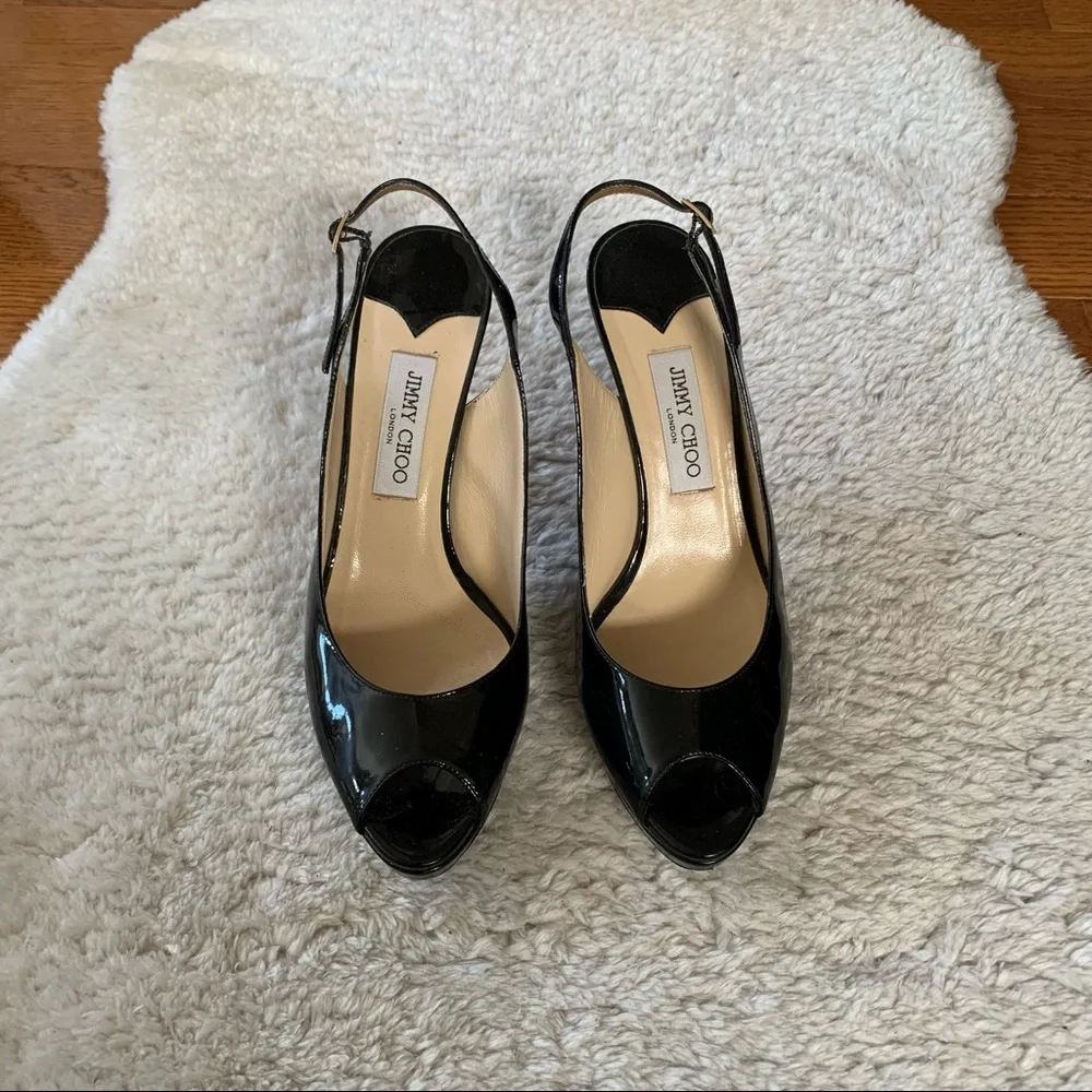 Jimmy Choo Black Nova Peep Toe Slingback Patent Heels - Picture 5 of 15